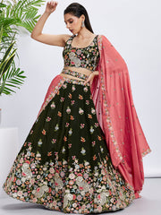 Women Olive Organza Sequins and thread embroidery  Lehenga choli & Dupatta