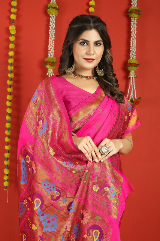 Dhiyona GR Women's Fancy Mor Hot Pink Zari Paithani Silk Saree