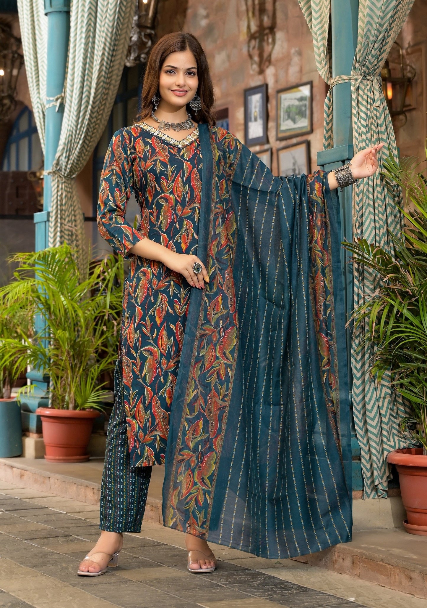 Women Blue Embroidery Viscose Rayon Kurta, Pant And Dupatta Set