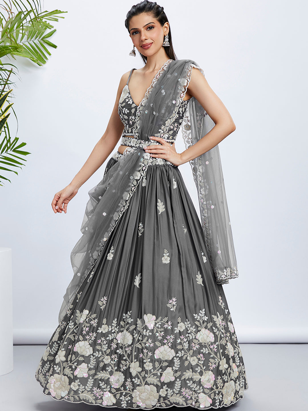 Women Grey Pure Georgette Sequins and thread embroidery  Lehenga choli & Dupatta