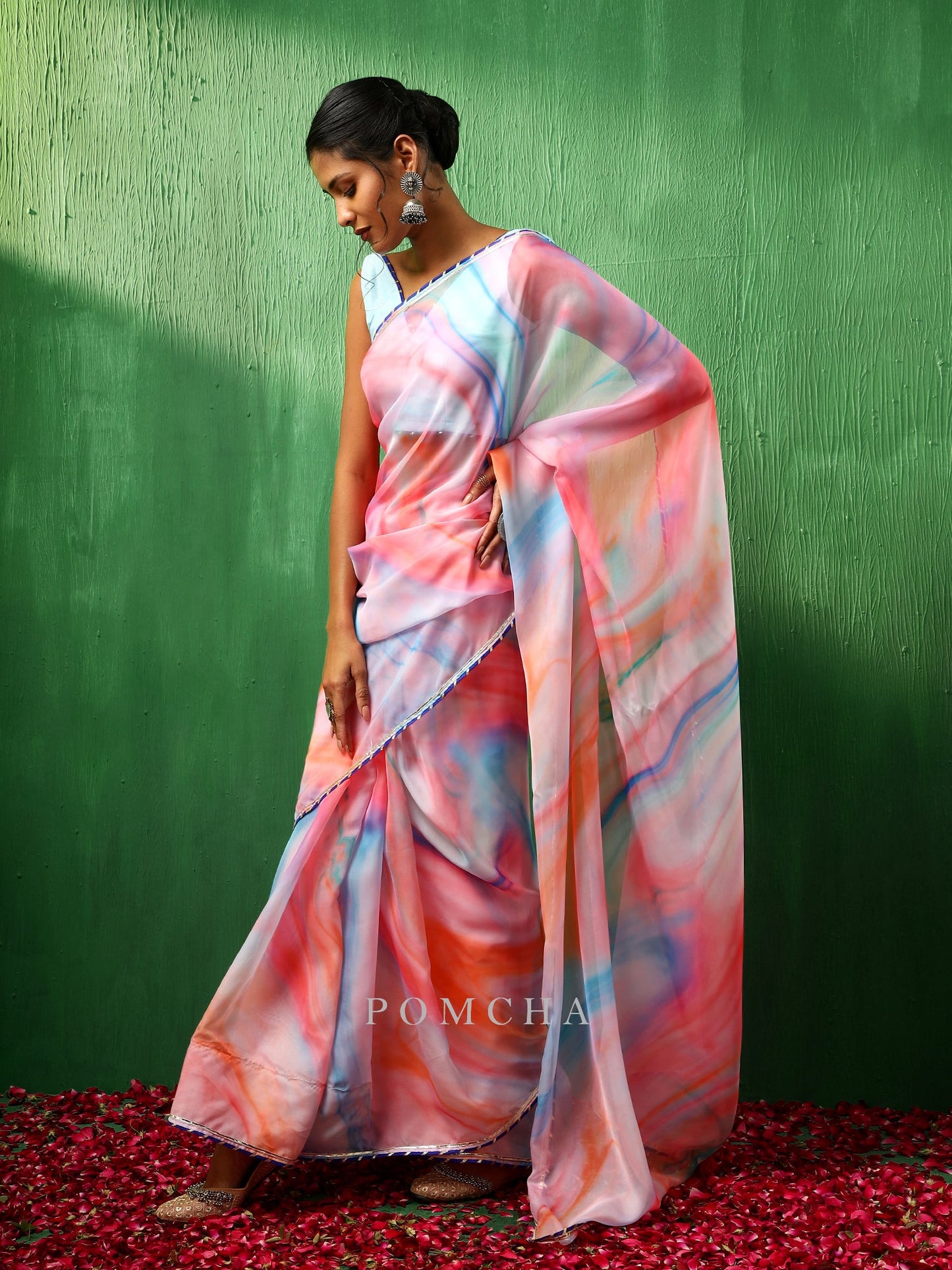 Adaa Pink Marble Print Organza Saree