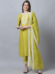 Women's Yellow Embroidery  silk  Kurta, Pant And Dupatta Set