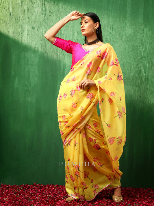 Adaa Pink Lotus Yellow Organza Saree