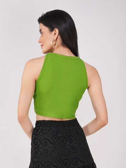 Dhiyona ST Women's Stretchy Knitted Halter Neck Mehndi Green Crop Top