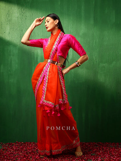 Adaa Pink Border Orange Organza Saree