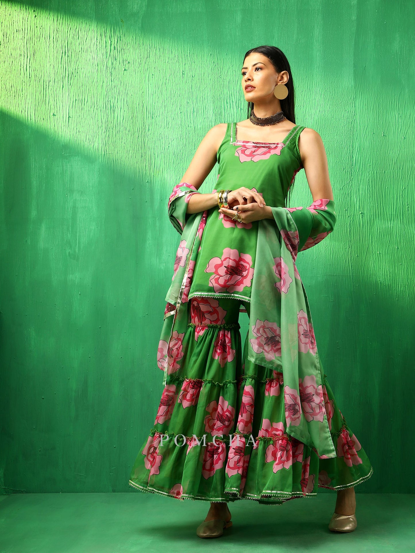 Adaa Green Carnation Organza Sharara Set