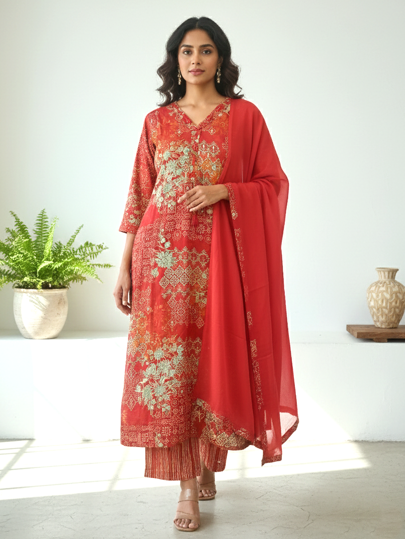 Reet Carmine Printed Work Suit Set