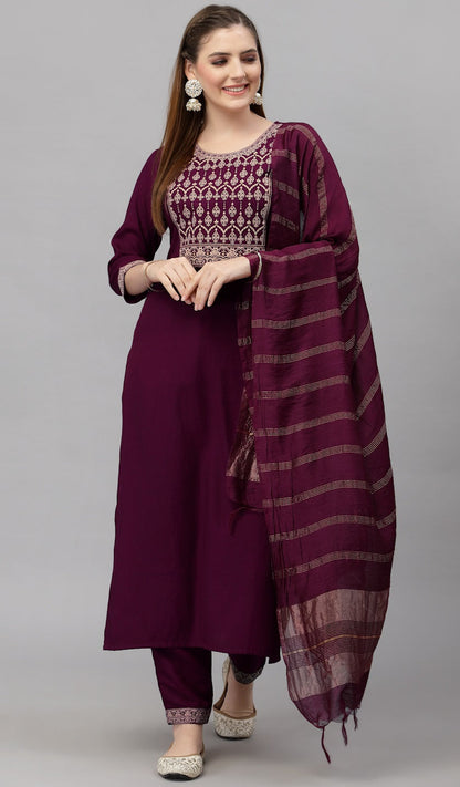 Women Wine Embroidery silk Kurta And Pant Set With Dupatta