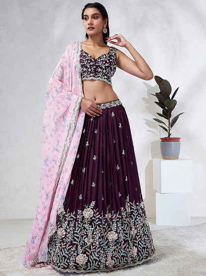 Women Burgundy Georgette Sequins, Mirror and thread embroidery  Lehenga choli & Dupatta