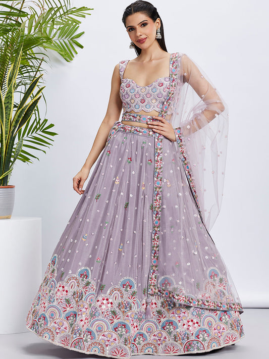 Women Rose gold Pure Chiffon Sequins and thread embroidery  Lehenga choli & Dupatta