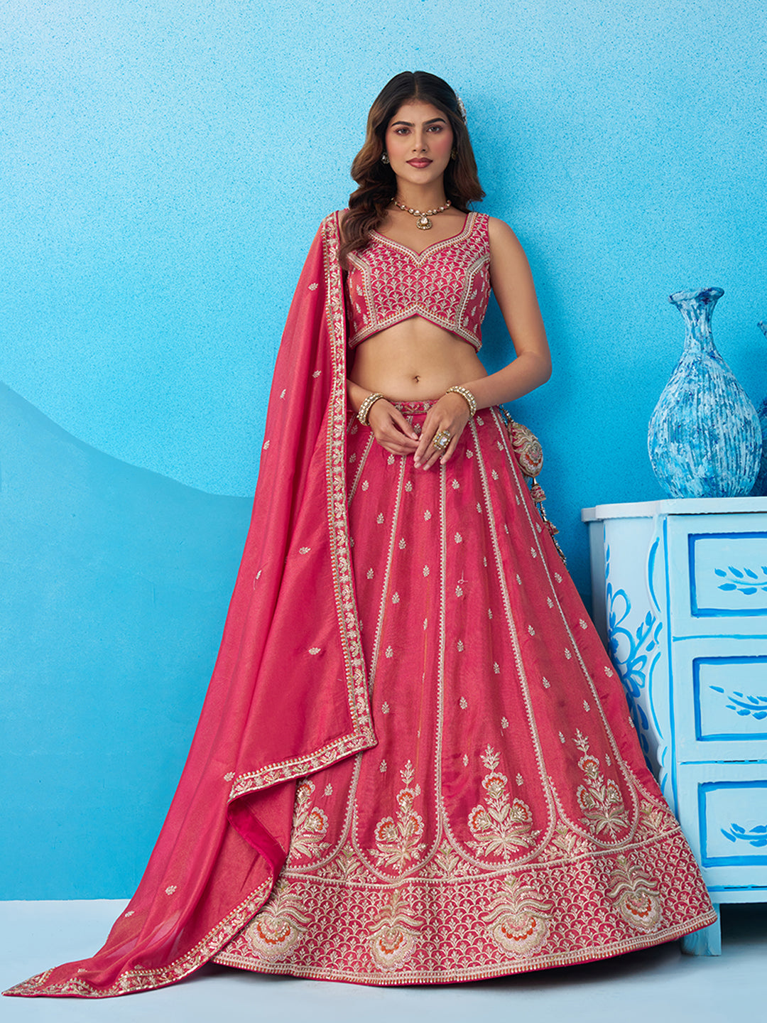 Pink- Tissue Beads & Sequins Embroidered Semi-Stitched Lehenga & Unstitched Blouse With Dupatta