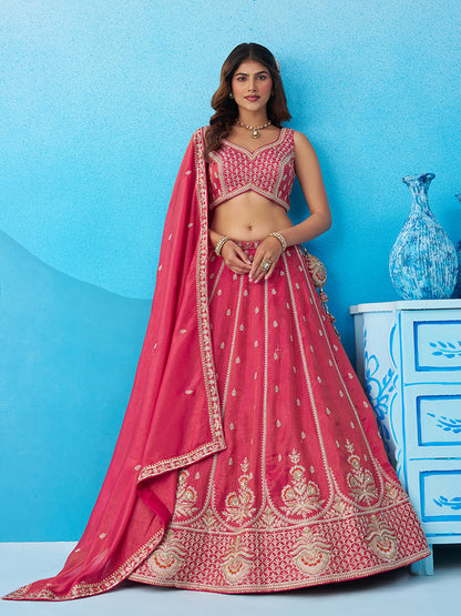 Pink- Tissue Beads & Sequins Embroidered Semi-Stitched Lehenga & Unstitched Blouse With Dupatta