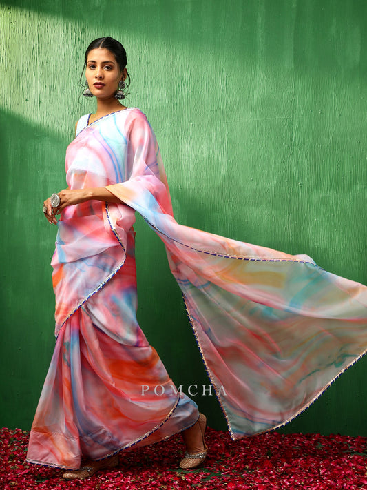 Adaa Pink Marble Print Organza Saree