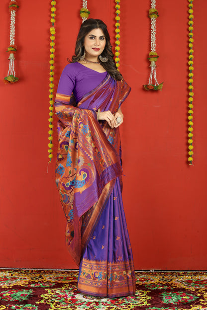 Dhiyona GR Women's Fancy Mor Purple Zari Paithani Silk Saree