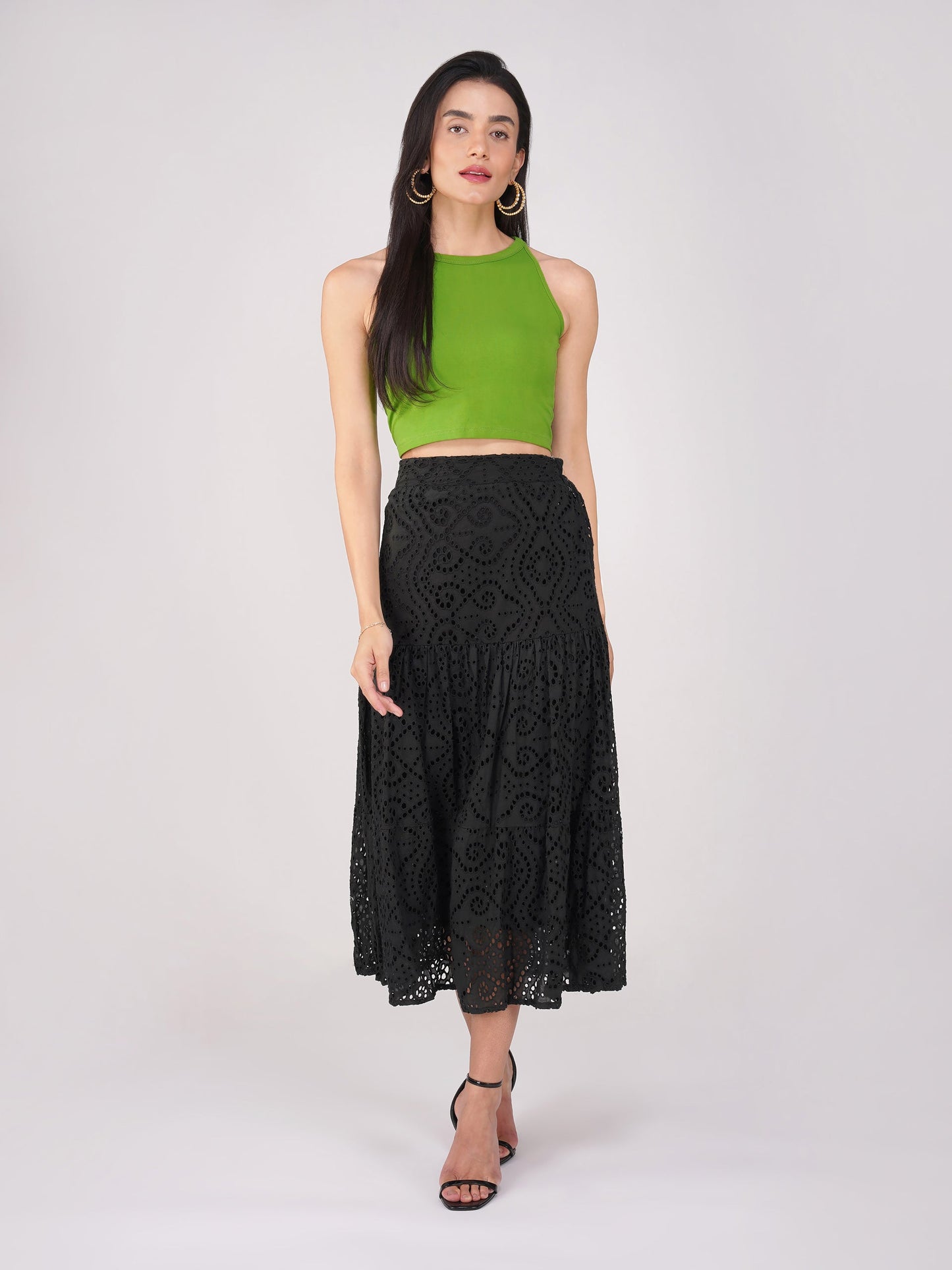 Dhiyona ST Women's Stretchy Knitted Halter Neck Mehndi Green Crop Top