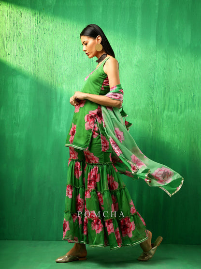 Adaa Green Carnation Organza Sharara Set