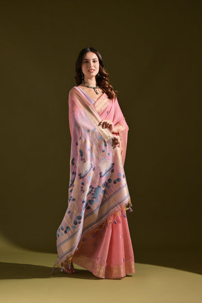 Dhiyona GR Women's Siara Pink Muga Cotton Saree