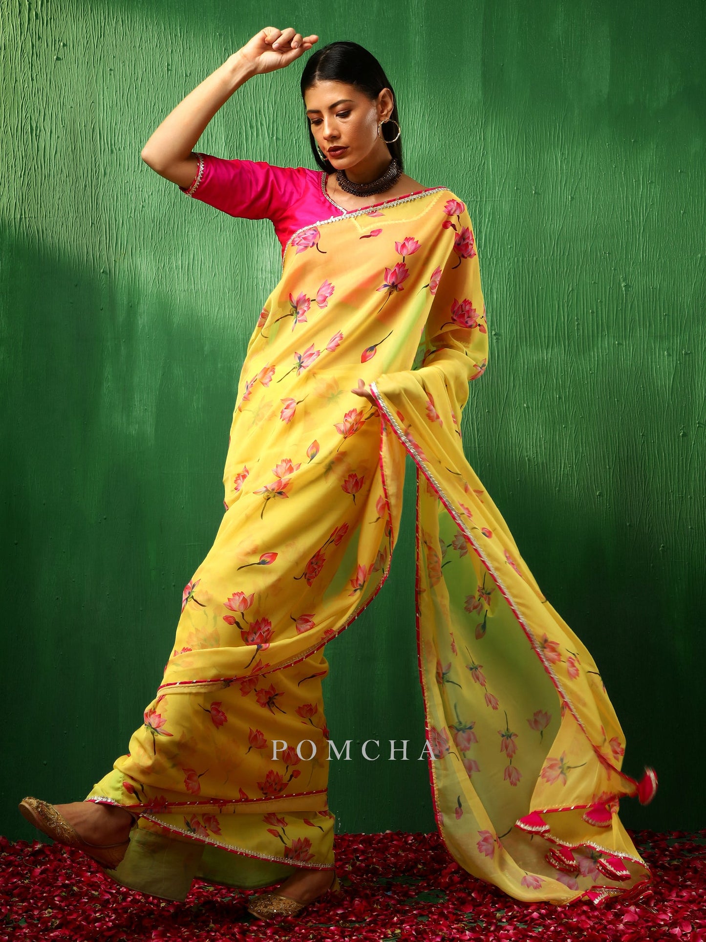 Adaa Pink Lotus Yellow Organza Saree