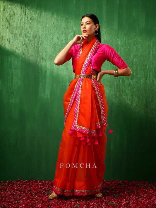 Adaa Pink Border Orange Organza Saree