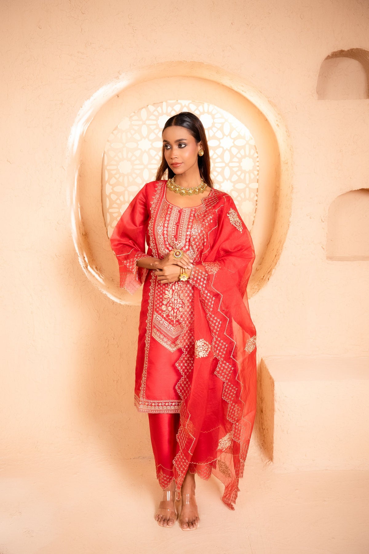 Sanjh Chanderi Embroidered Red  Suit Set