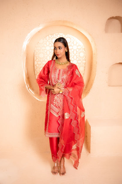 Sanjh Chanderi Embroidered Red  Suit Set