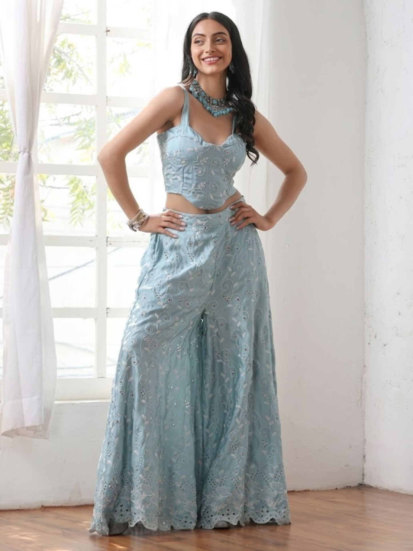Dhiyona ST Women’s Blue All Over Schiffli Palazzo | 1 Pc, PRF'T Lux Duchess Satin Fabric, Allover Schiffli Embroidery, Festive Party Wear