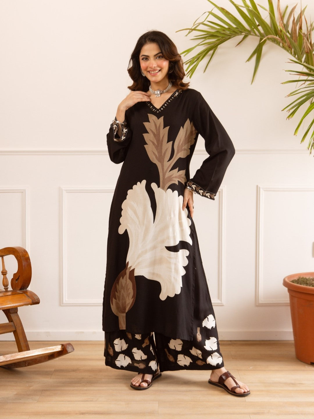 Karen taupe printed cotton kurta pant set