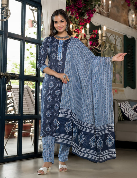 Women Blue Embroidery Viscose Rayon Kurta, Pant And Dupatta Set