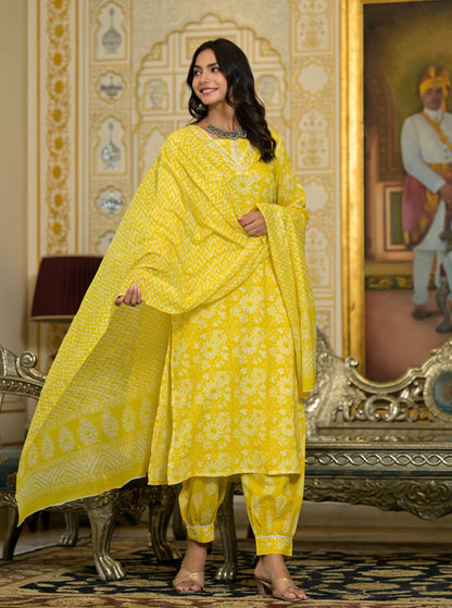 Women Yellow Embroidery Viscose Rayon Kurta, Pant And Dupatta Set