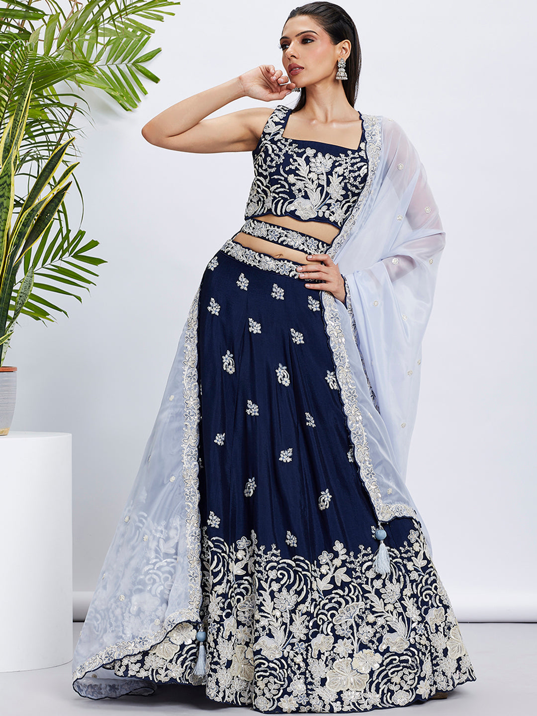 Women Navy blue Pure Georgette Sequins and thread embroidery  Lehenga choli & Dupatta