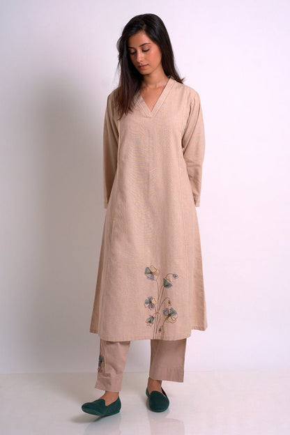 Women's Beige Cotton Woven Kurta With Cotton Bottom