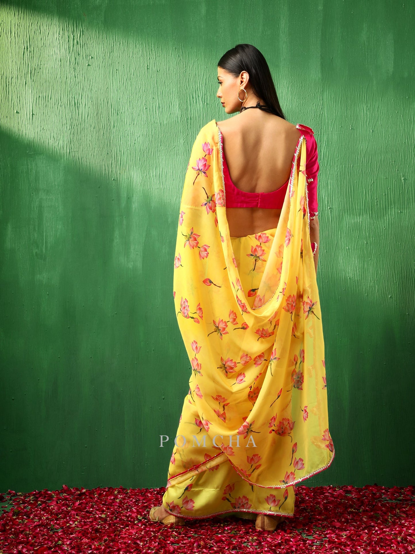 Adaa Pink Lotus Yellow Organza Saree