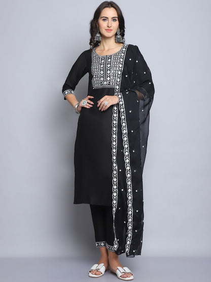 Women's Black Embroidery  silk  Kurta, Pant And Dupatta Set