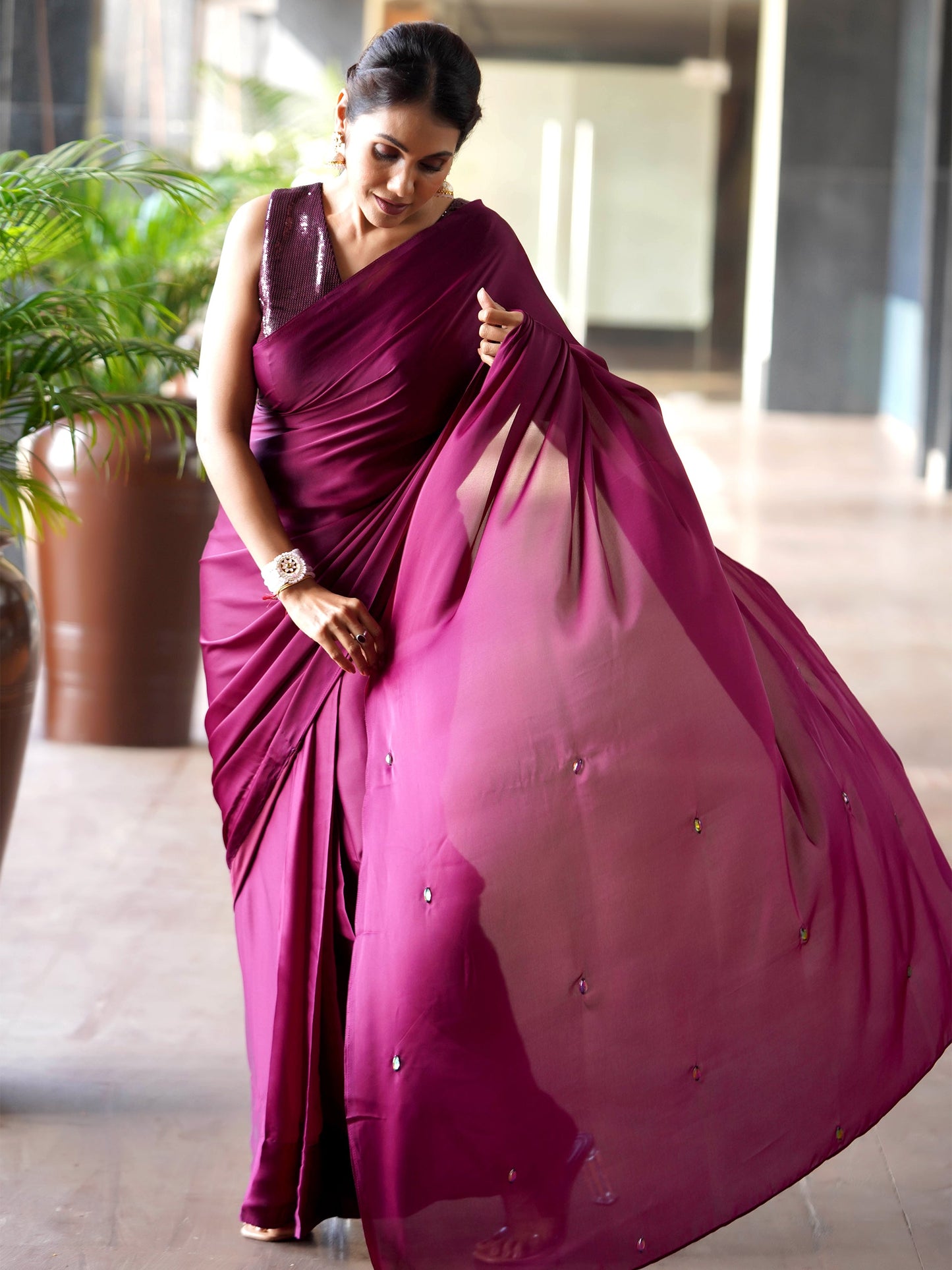Dhiyona ST Pre-Draped 1-Minute Wine Satin Saree With Self Fabric Blouse
