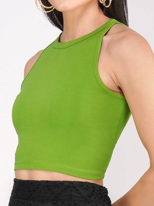 Dhiyona ST Women's Stretchy Knitted Halter Neck Mehndi Green Crop Top