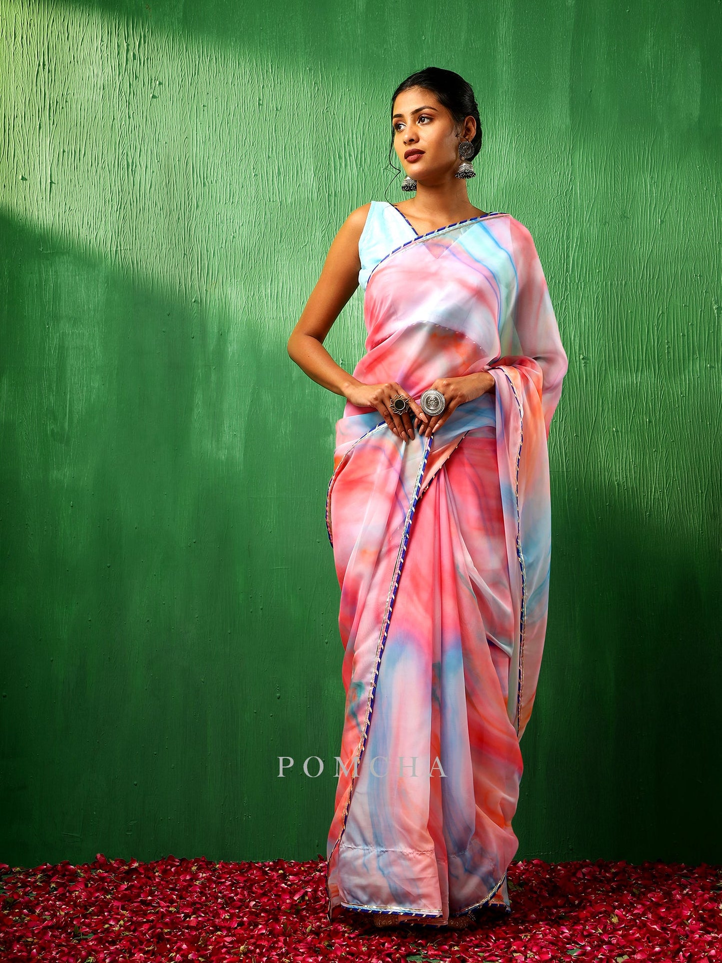 Adaa Pink Marble Print Organza Saree