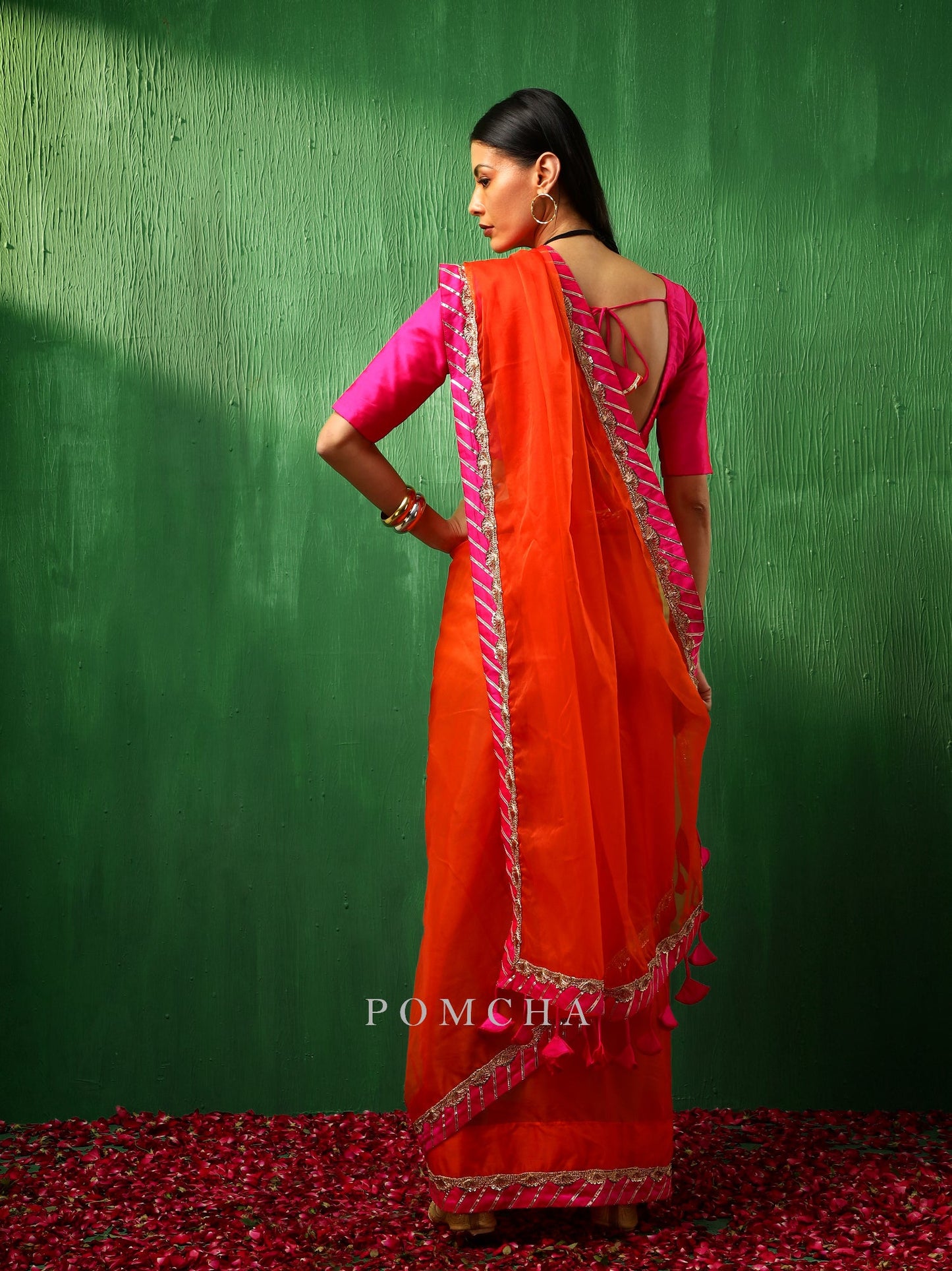 Adaa Pink Border Orange Organza Saree