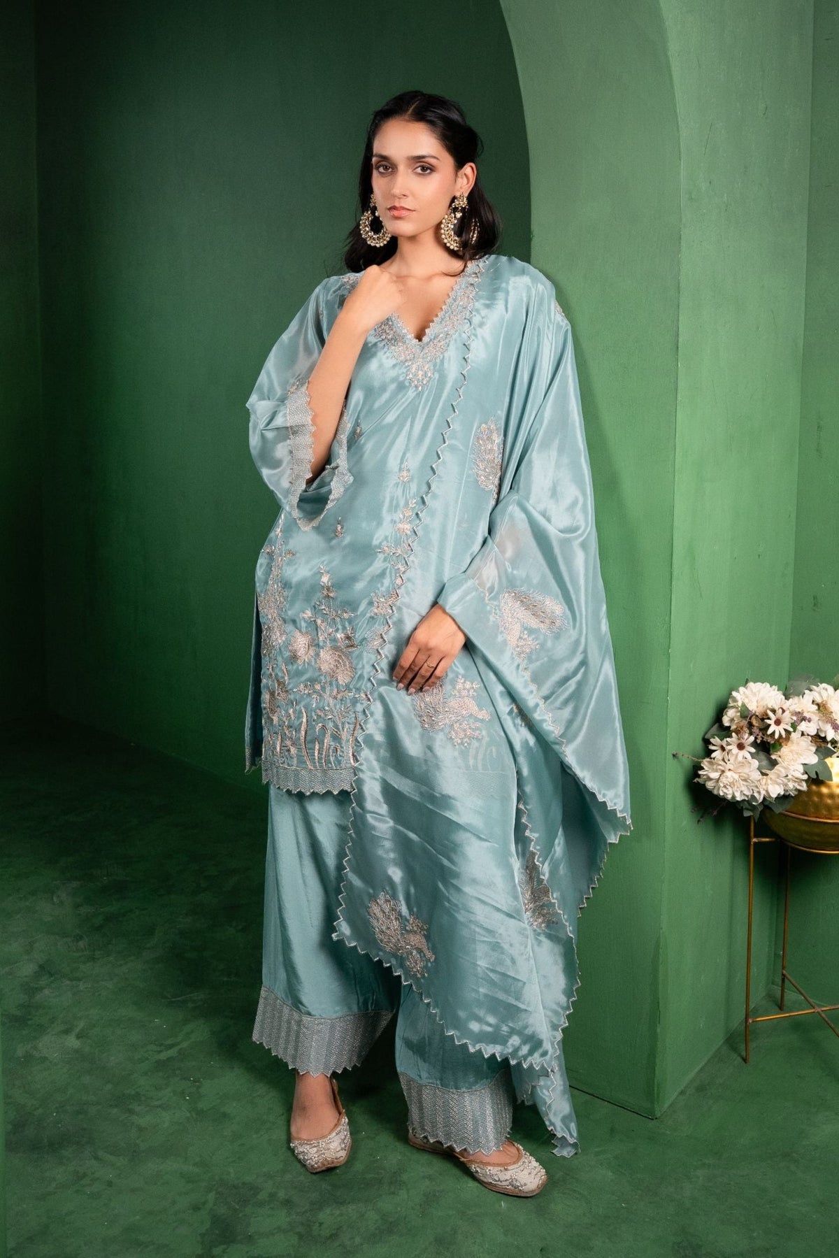 Rang Organza Embroidered Cadet Blue  Kurta with Farsi Salwar
