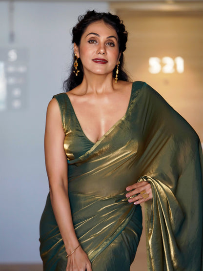 Dhiyona ST Green Copper Metallic Satin Saree with Leaf Sequins and Blouse Fabric