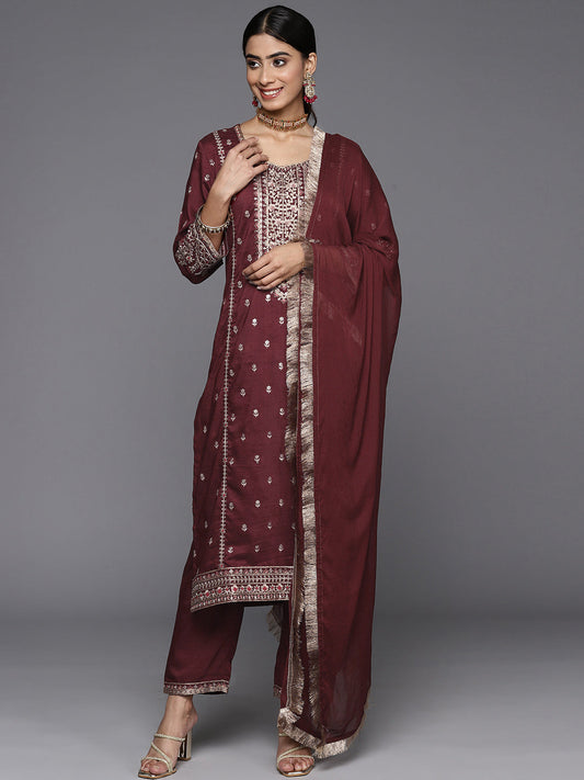 Dhiyona VR Women's Maroon Embroidered Kurta Paired With Tonal Bottom And Dupatta