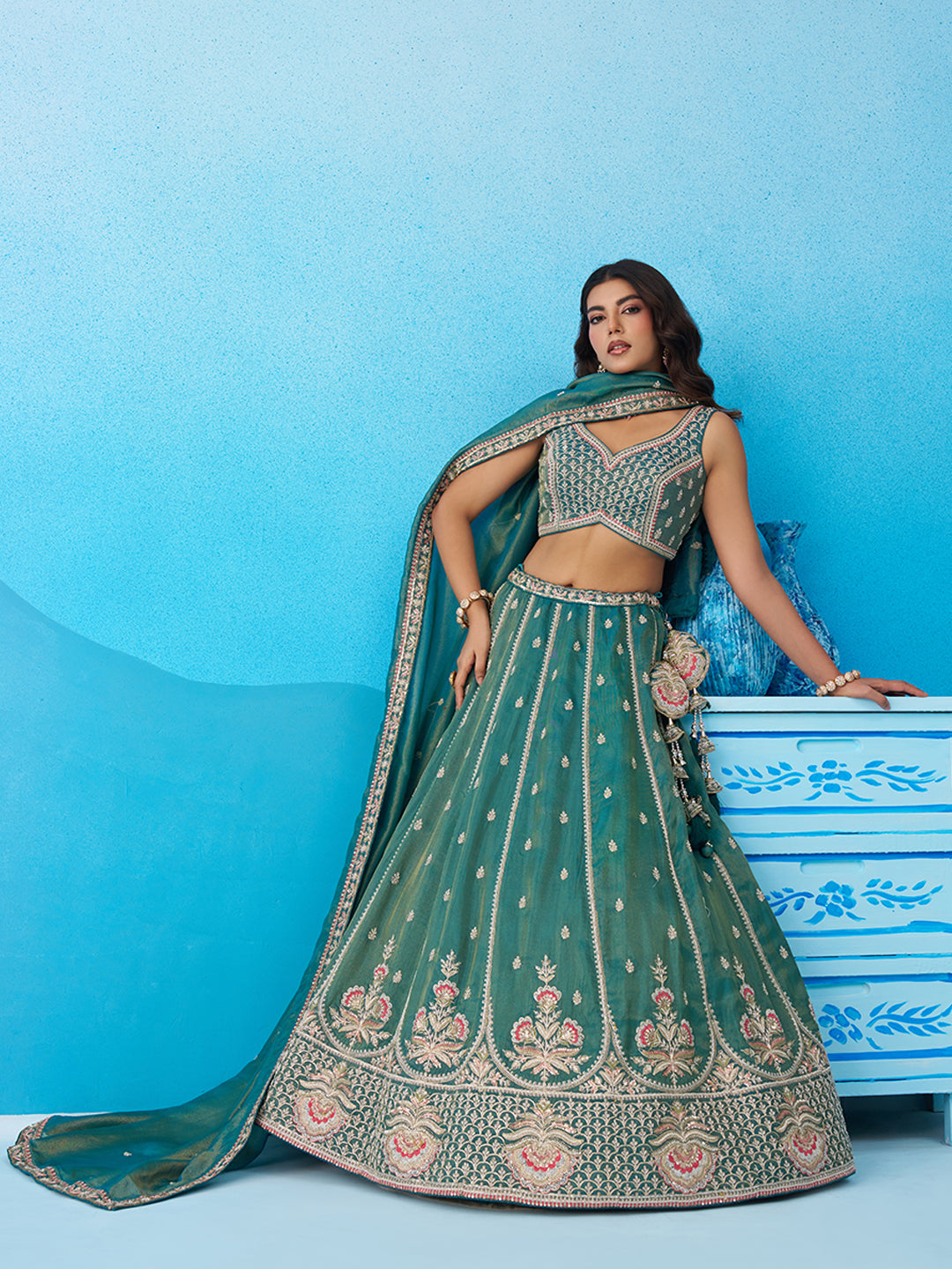 Teal- Tissue Beads & Sequins Embroidered Semi-Stitched Lehenga & Unstitched Blouse With Dupatta