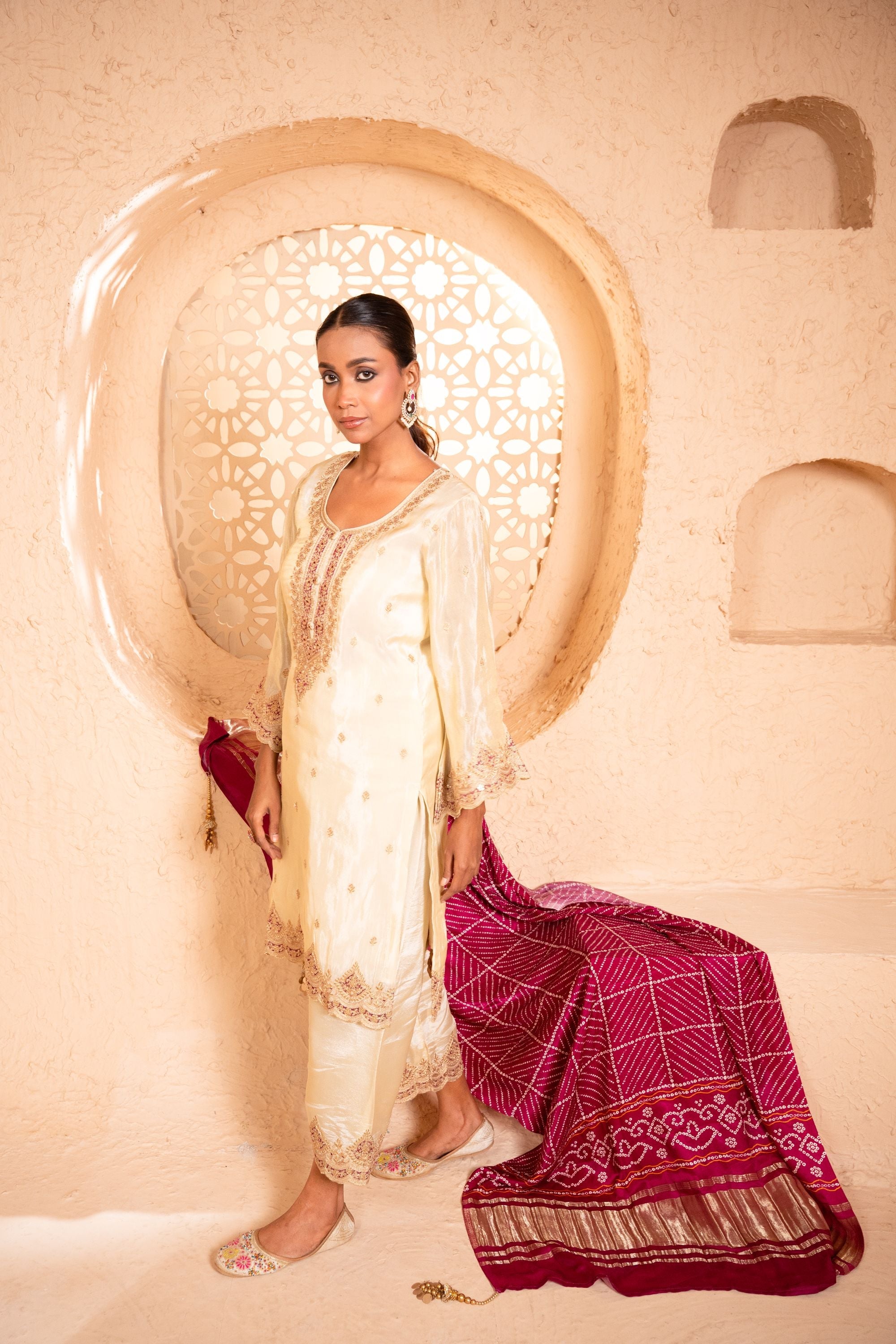 Sargi Tissue Embroidered Cream  Suit Set