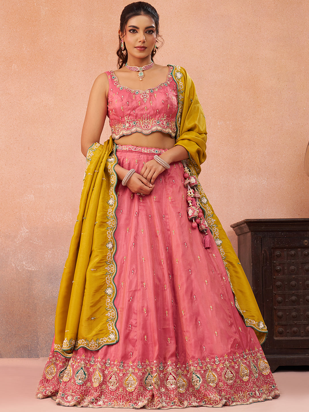 Pink- Cosmos Silk Beads & Sequins Embroidered Semi-Stitched Lehenga & Unstitched Blouse With Dupatta