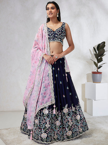 Women Navy Blue Georgette Sequins, Mirror and thread embroidery  Lehenga choli & Dupatta