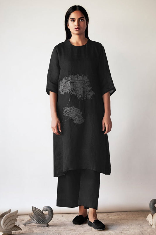 Women's Black Hand Printed Linen Co-ord Set