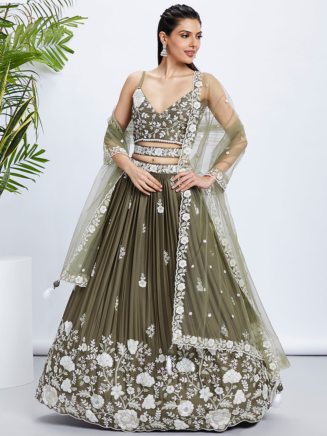 Women Olive Pure Georgette Sequins and thread embroidery  Lehenga choli & Dupatta