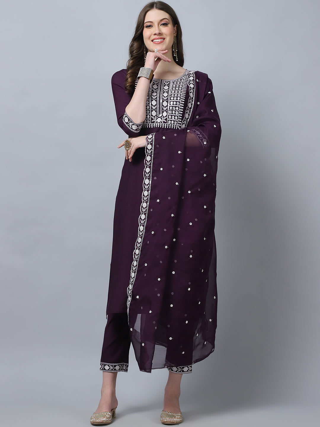 Women's Wine Embroidery  silk  Kurta, Pant And Dupatta Set