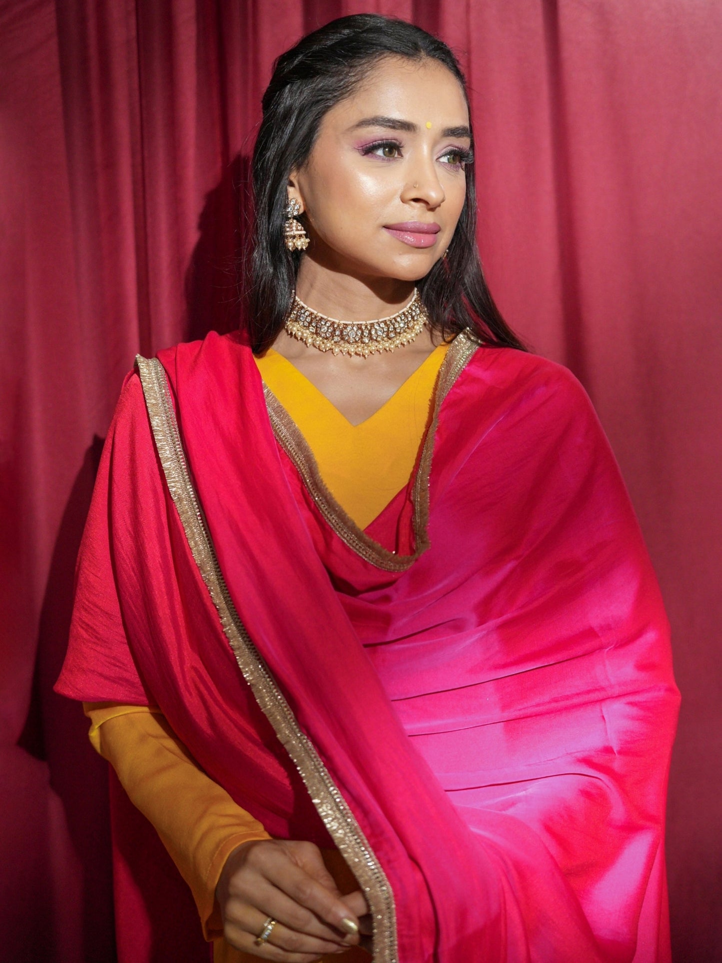 Dhiyona ST Women's Sunflower Yellow Posh Kurta with Dual Colour Satin Pant and Lace Dupatta 3 Piece Set | A-Line, V Neck, Full Sleeves, Pants, Festive Wear, (Satin)