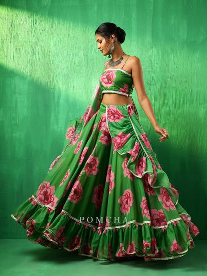 Adaa Green Carnation Organza Frill Lehenga  With Organza Dupatta Set