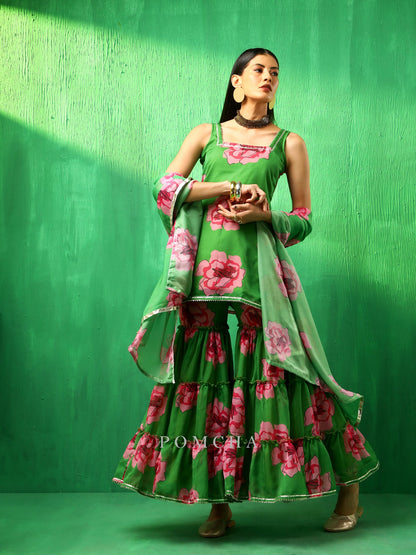 Adaa Green Carnation Organza Sharara Set